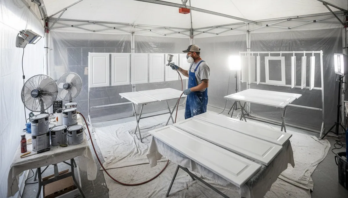 Professional cabinet painting in Berkeley CA using spray techniques for smooth, durable kitchen finishes