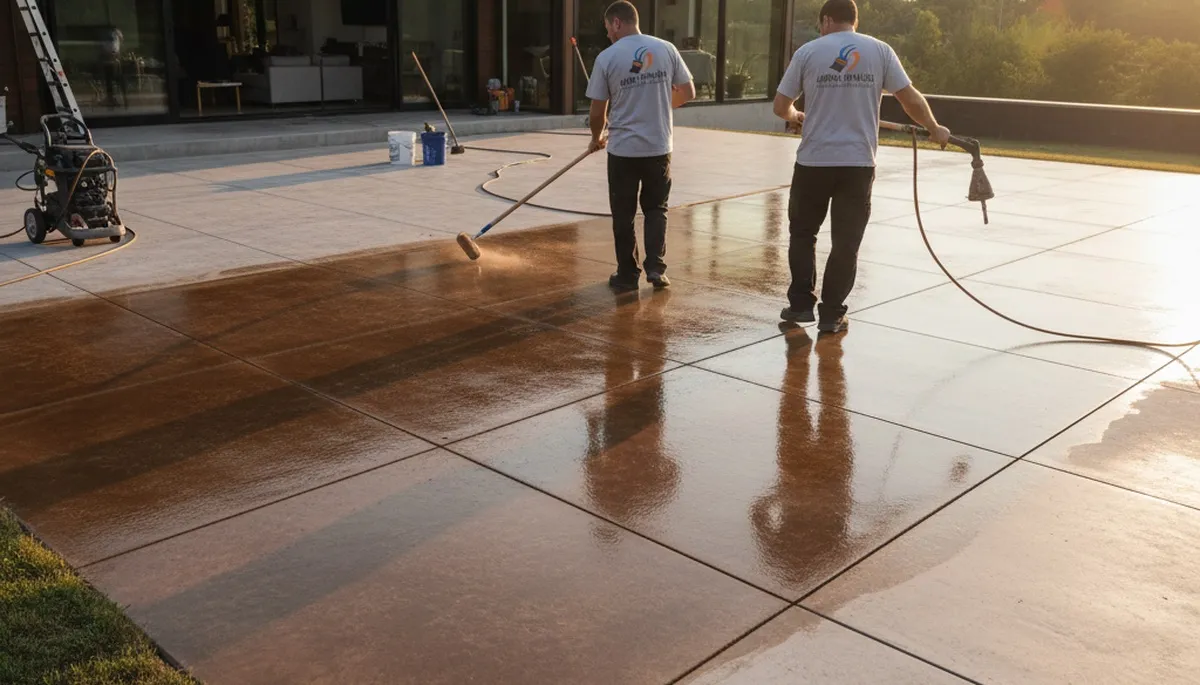 Professional concrete staining on residential patio in Berkeley, CA by local house painters