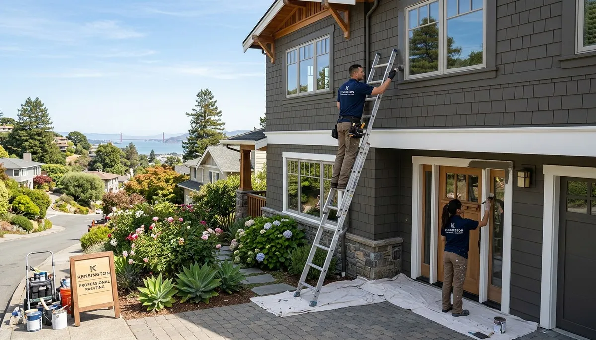 Professional house painters in Berkeley, CA applying fresh exterior paint to a residential home