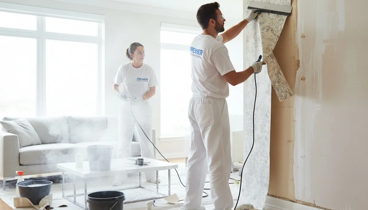 Professional wallpaper removal in Berkeley CA home by expert house painters preparing clean walls